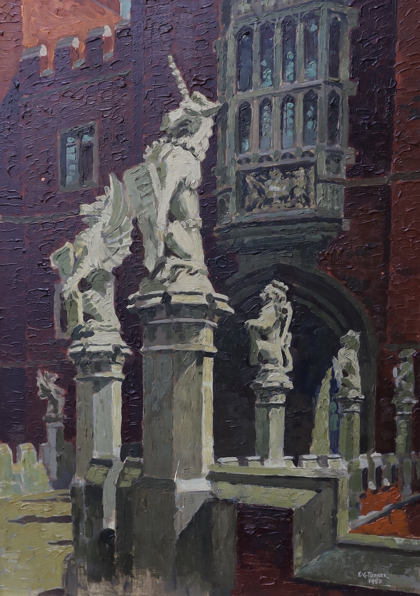 E.G. Turner (20th C.), oil on board, Gateway with heraldic statues, signed and dated 1952, with silver Old Grammarians presentation plaque, 48 x 35cm